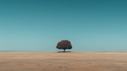 Lone Tree Standing in a Serene Field Beneath a Bright Blue Sky