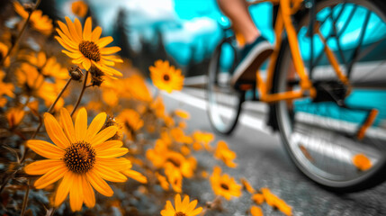 a person riding a bike past a bunch of yellow flowers on a street side road with a blue sky in the background