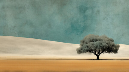 Single Tree in a Tranquil Rural Landscape with Clear Skies
