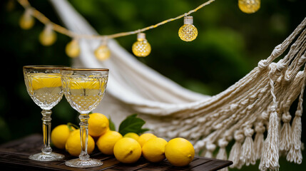 a table topped with two glasses filled with lemons and lemonade next to a hammock with lights