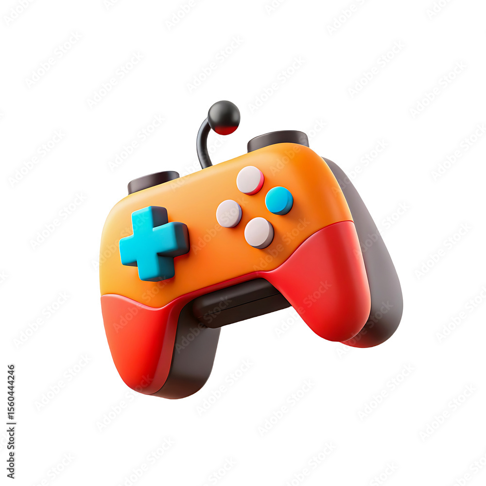 Poster stylized 3d video game controller with colorful confetti and spheres isolated on transparent backgro
