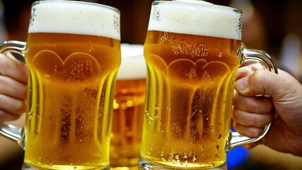 Cheers with frothy beers in a lively social atmosphere.