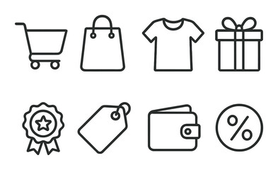 Shopping and retail icons set – linear style, commerce and merchandising symbols