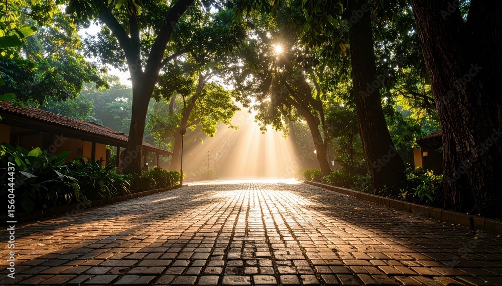 Poster sunlight filtering through trees in a misty rainforest village square