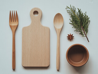 Wooden Kitchen Utensils Flat Lay Photography with Herbs and Spices