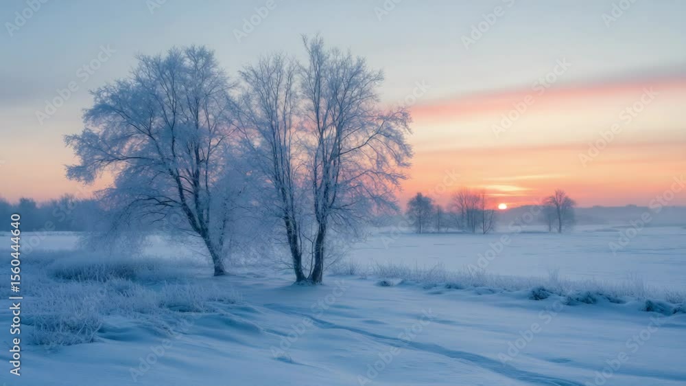 Poster A winter landscape with a snow-covered field and two trees in the foreground, suitable for use in winter-themed designs or as a peaceful background