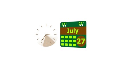 july month 27 date calendar icon and  lime green color clock 4k illustration. Digital calendar month concept design on White background.