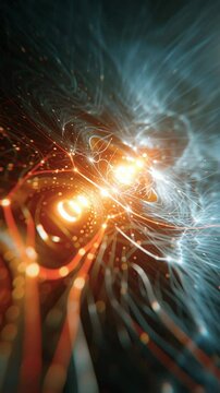 Quantum bit collapsing with glowing orange and blue light trails creating dynamic wavefunction patterns and vibrant energy flow in digital atmosphere