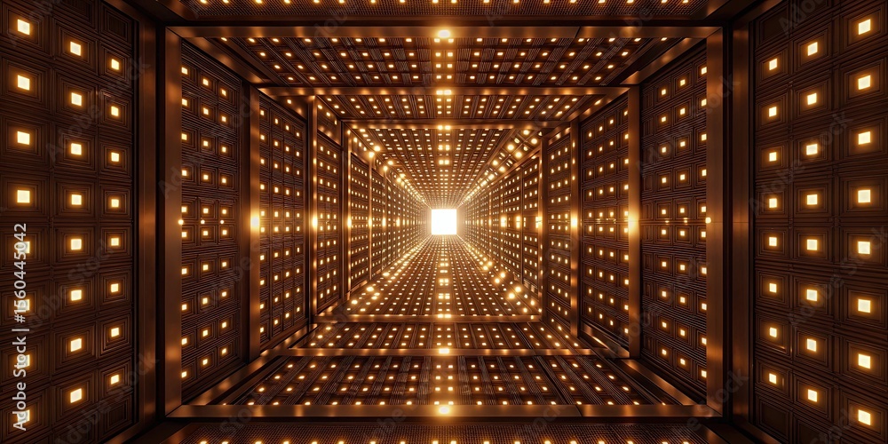 Poster A glowing, symmetrical tunnel of illuminated squares leads to a bright white light at the center, creating a futuristic and immersive visual effect.