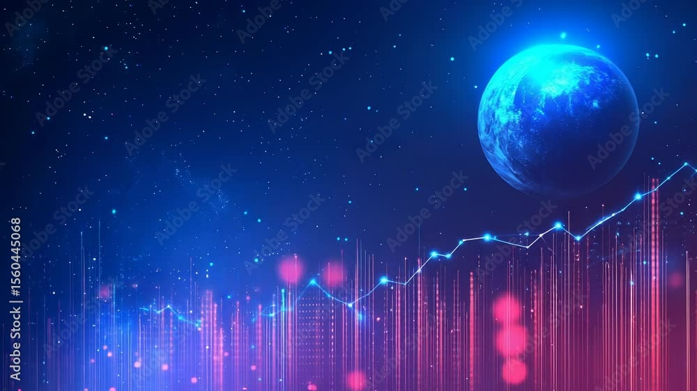 Poster abstract futuristic digital world concept with planet and stock market graph element