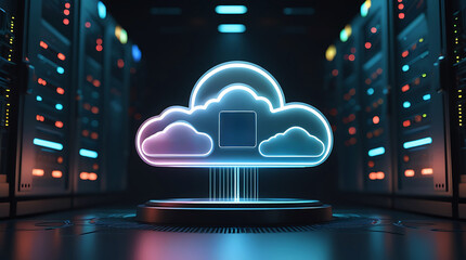Futuristic neon cloud computing symbol in a server room