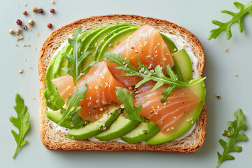 A sandwich with avocado and salmon on it