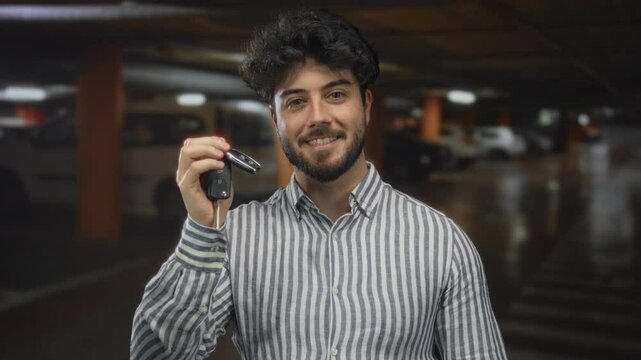 Young man with beard holding car keys and smartphone inside a dimly lit indoor parking area, capturing a moment of casual interaction in a modern urban setting.