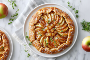 A plate of apple pie with a crust and a garnish of parsley