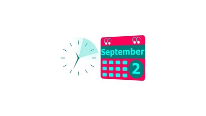 September month 2 date calendar icon and cyan color clock 4k illustration. Digital calendar month concept design on White background.