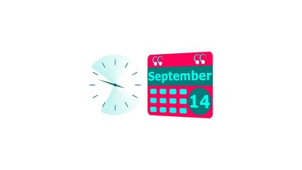 September month 14 date calendar icon and cyan color clock 4k illustration. Digital calendar month concept design on White background.