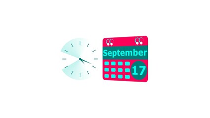 September month 17 date calendar icon and cyan color clock 4k illustration. Digital calendar month concept design on White background.