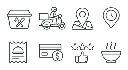 Food delivery linear icons set – simple, courier and service symbols