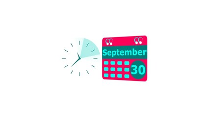 September month 30 date calendar icon and cyan color clock 4k illustration. Digital calendar month concept design on White background.