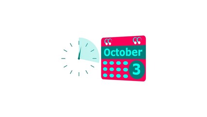 October month 3 date calendar icon and cyan color clock 4k illustration. Digital calendar month concept design on White background.
