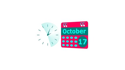 October month 17 date calendar icon and cyan color clock 4k illustration. Digital calendar month concept design on White background.