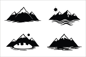 This set of four stylized black and white illustrations depicts mountain ranges with snow-capped peaks, situated over bodies of water.
