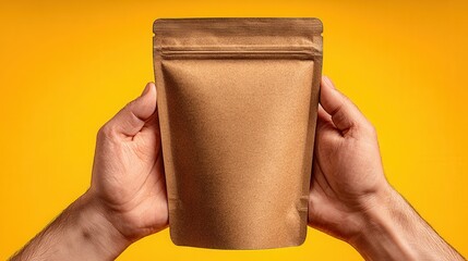 Hands holding blank craft paper bag against a bright yellow background for product display and mockup, shot in studio
