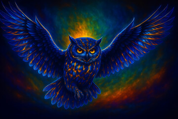 Colorful Owl on Dark Background - Fantasy Art Style