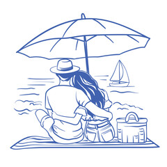 Romantic vector illustration of a couple sitting under a beach umbrella, hugging and watching the sea with a sailboat in the distance. Summer vacation, love. Girl and Guy on the Coast of Italy