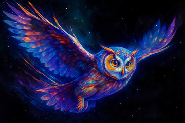 Colorful Owl on Dark Background - Fantasy Art Style
