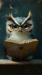 Cute Owl with Glasses Reading a Book – Oil Painting