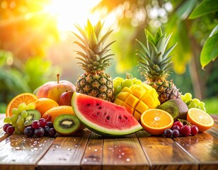 Fresh Tropical Fruits with Pineapple, Mango, and Citrus in Natural Light