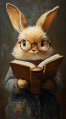 Cute Bunny with Glasses Reading a Book – Oil Painting