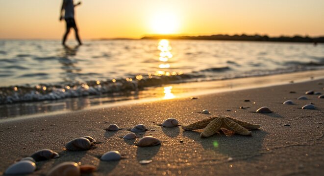 Golden hour beach scene with seashells, starfish and a person walking in the shallow water.