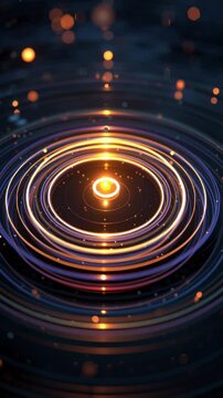 Quantum wavefunction collapse with glowing particle and concentric circular ripples dark space emitting warm light and floating light particles
