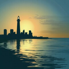 Obraz premium coastal city skyline silhouette with lighthouse, oceanfront, calm composition
