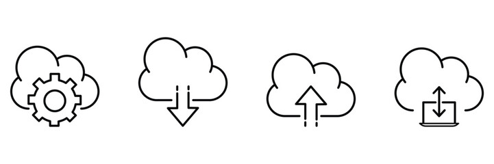 Cloud upload download setting data sync storage transfer computing symbol icon vector illustration line art digital network communication.