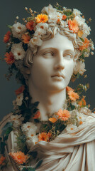 Cinematic Scene of an Old Roman Statue Covered in Flowers