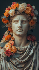 Cinematic Scene of an Old Roman Statue Covered in Flowers