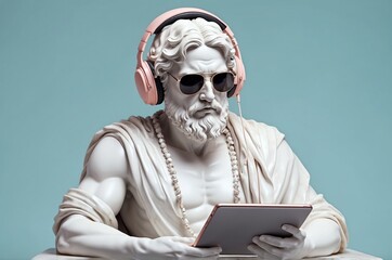 Modern interpretation of a classical statue wearing headphones and sunglasses while using a tablet