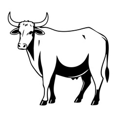 Fototapeta premium Strong hand-drawn black and white illustration of a cow with horns, showcasing its robust form, perfect for farm or animal designs