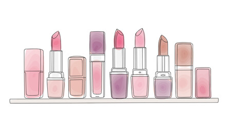 Elegant lipstick set on shelf, one line doodle with watercolor fill, vector for beauty shop or salon