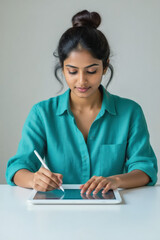 A young woman with dark hair and a teal shirt attentively uses a stylus on a tablet while seated at a white table.