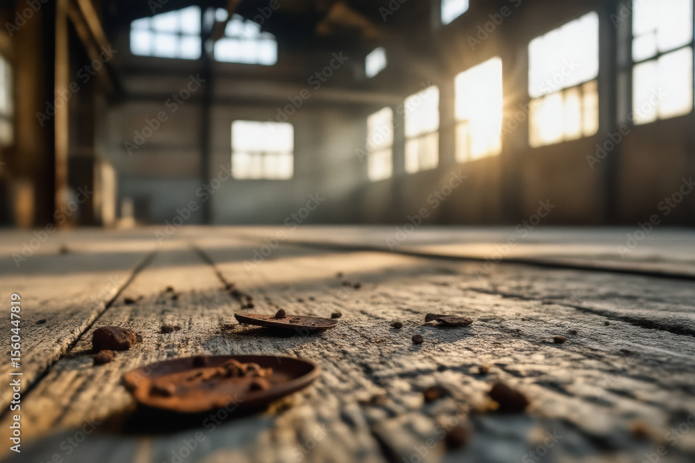 Poster sunlight streams through large windows, illuminating a weathered wooden floor within an abandoned in