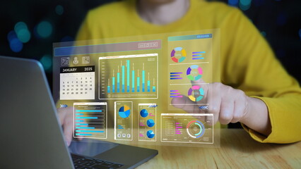 concept features a business intelligence dashboard showing financial accounting reports, sales data, and growth trends. Used for business planning, performance tracking and financial audits