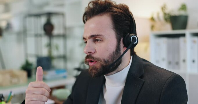 Headset, man and receptionist in office with communication, contact or CRM networking. Mic, professional and male virtual assistant on call for appointment schedule, customer service or query.