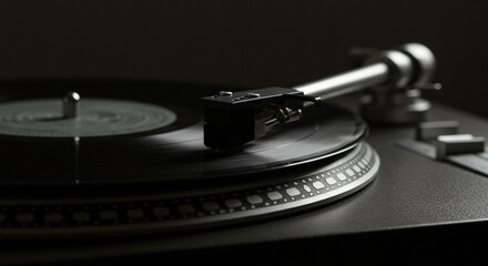 A close-up shot shows a record player's needle on a vinyl record, bathed in low light, vintage sound