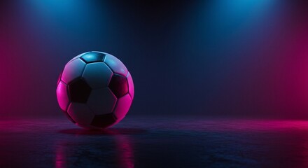 Fototapeta premium A soccer ball sits illuminated by neon pink and blue lights against a dark reflective surface.