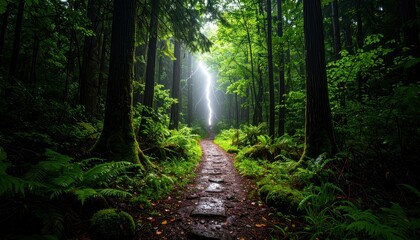 Obraz premium Dramatic Lightning Strike Illuminates a Soaked Forest Trail