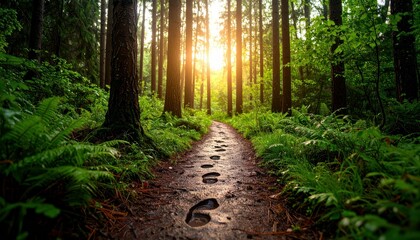 Obraz premium Morning Light on Rain-Soaked Forest Trail with Fresh Footprints